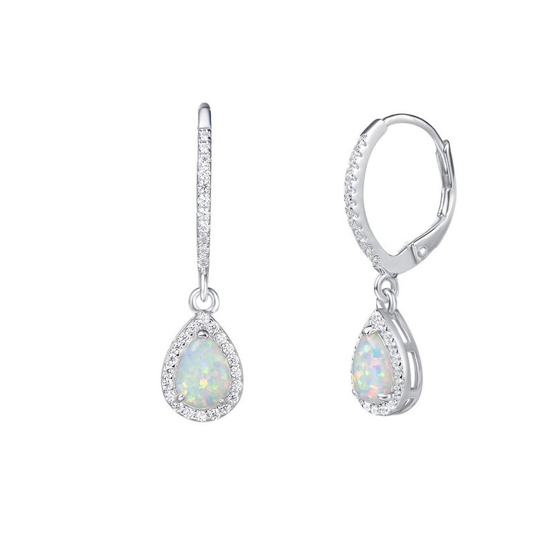 FANCIME Opal Earrings October Birthstone Earrings Sterling Silver Created Fire Opal Halo Cubic Zirconia Leverback French Back Teardrop Earrings Fine Jewelry for Women - Image 1